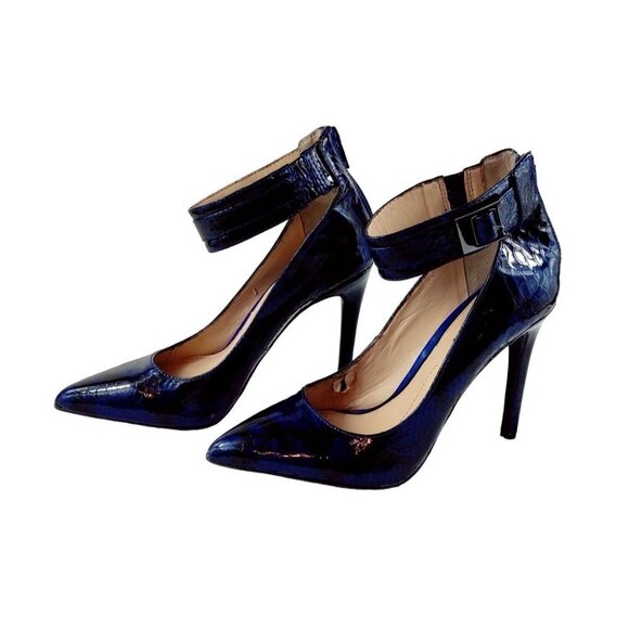 Ankle Strap Gianni Bini Stiletto Pump Patent Leather Navy Blue Embossed Shinny - Picture 1 of 11